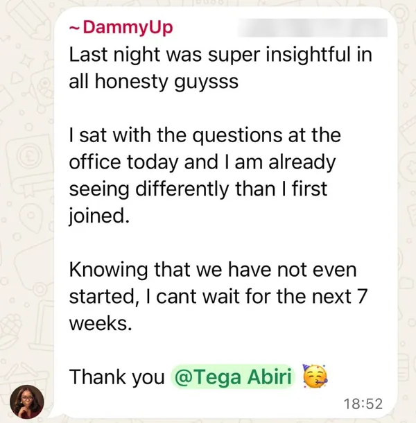 WhatsApp message from DammyUp: last night was super insightful, can't wait for the next 7 weeks