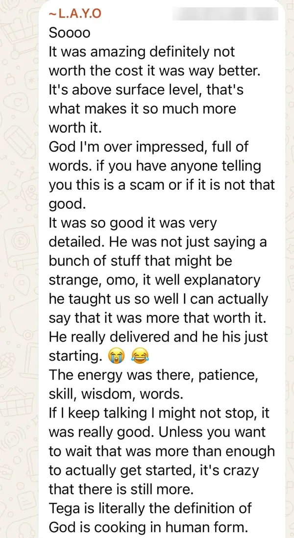 WhatsApp message from L.A.Y.O: it was amazing, very detailed, he really delivered