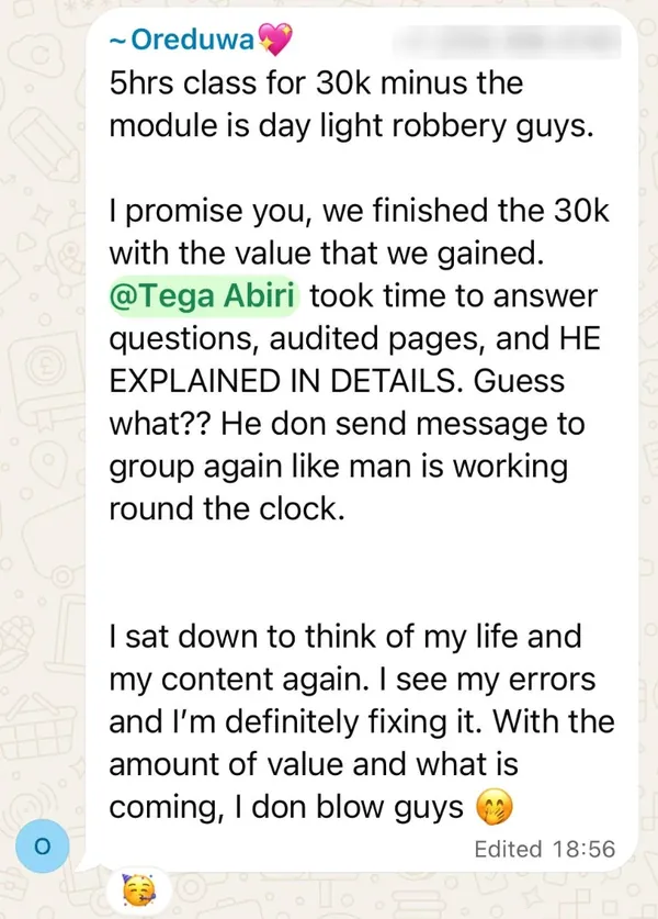 WhatsApp message from Oreduwa: Tega answered questions, audited pages and explained in detail